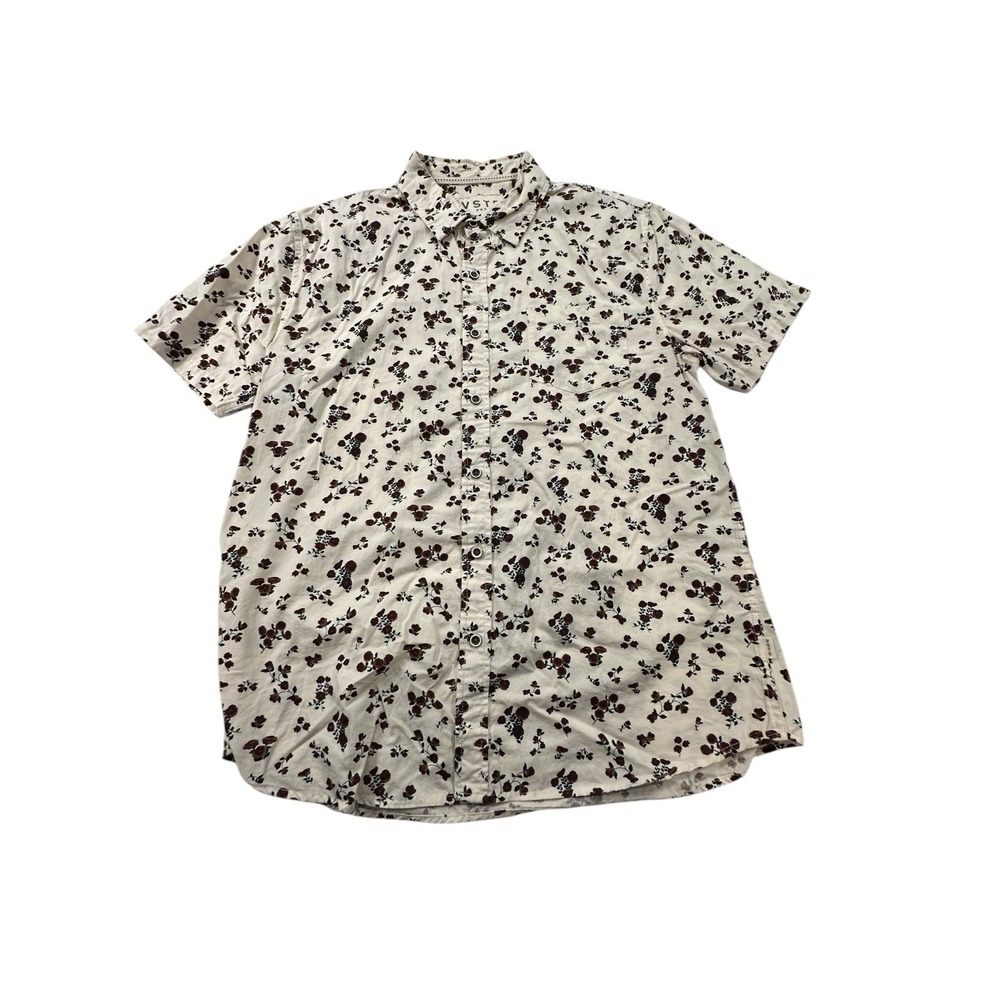 VSTR Premium Mens Shirt Size Large Short Sleeve Floral White Red‎ Button Up EUC